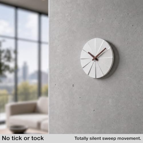 Driini Staircase Modern Wall Clock - Unique Frameless Concrete Design - Contemporary, Minimalist Decor; No Numbers - Silent Battery Operated Clocks with Decorative Wooden Hands (White + Walnut, 10.5″) - color: White + Walnut, size: 10.5″