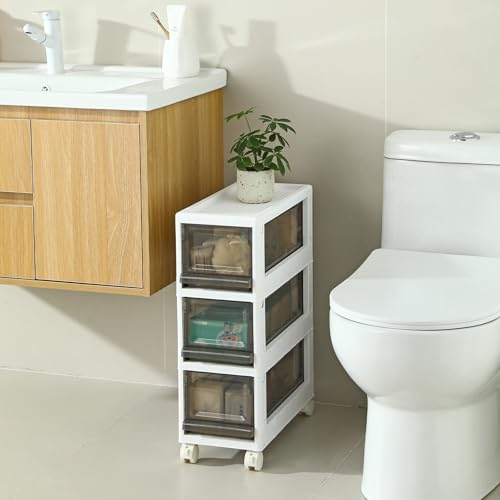Plastic 3 Drawer Storage Organizer, Narrow Plastic Storage Drawers with Wheels, Storage Cart with Drawers for Small and Narrow Space, 7.87-inch Wide (gray)