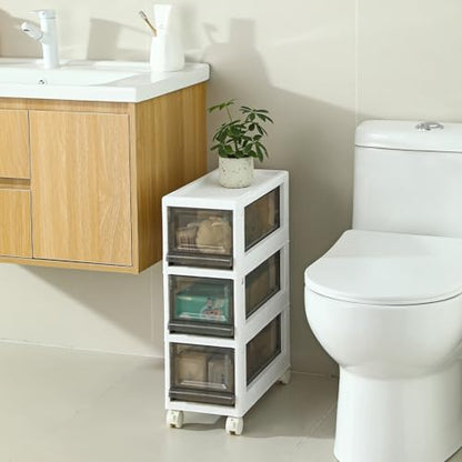 Plastic 3 Drawer Storage Organizer, Narrow Plastic Storage Drawers with Wheels, Storage Cart with Drawers for Small and Narrow Space, 7.87-inch Wide (gray)