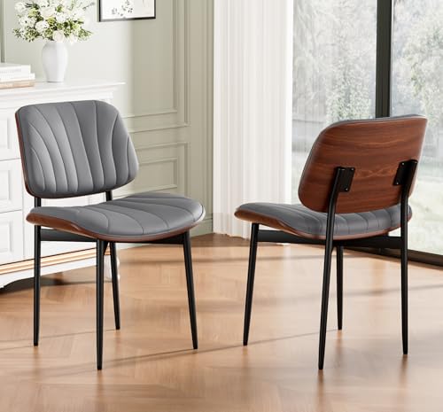 Dining Chairs Set of 2, Mid-Century Modern Upholstered PU Leather Chairs | with Walnut Back and Metal Legs Adjustable Feet for Kitchen Dining Room, Dark Gray Shell Strips - color: Dark Gray Shell Strips