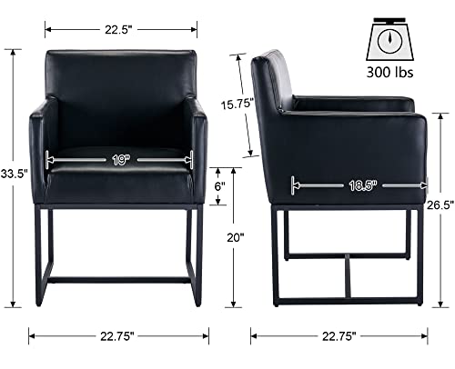 Faux Leather Upholstered Dining Chairs with Arms Set of 2, Mid Century Modern Padded Kitchen Chair with Black Metal Frame for Restaurant, Dining Room, Black - color: Black