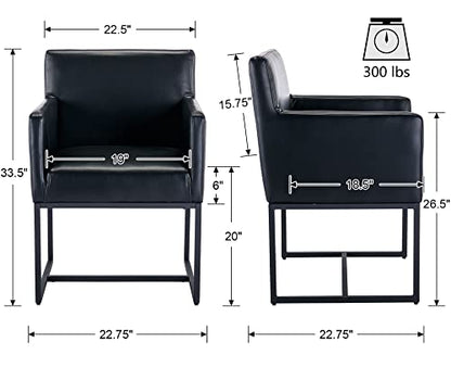 Faux Leather Upholstered Dining Chairs with Arms Set of 2, Mid Century Modern Padded Kitchen Chair with Black Metal Frame for Restaurant, Dining Room, Black - color: Black