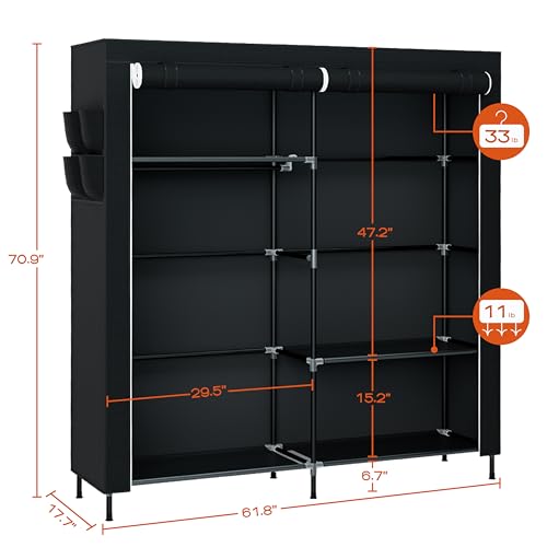 CASAMAYA Portable Closet, 61.8 Inch Large Capacity Wardrobe Closet with Cover, Clothes Storage Organizer with Shelves and 2 Hanging Rods, Easy to Assembly, Black PCT222B01 - size: 61.8"L x 17.7"W x 70.9"H