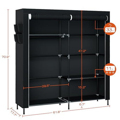 CASAMAYA Portable Closet, 61.8 Inch Large Capacity Wardrobe Closet with Cover, Clothes Storage Organizer with Shelves and 2 Hanging Rods, Easy to Assembly, Black PCT222B01 - size: 61.8"L x 17.7"W x 70.9"H