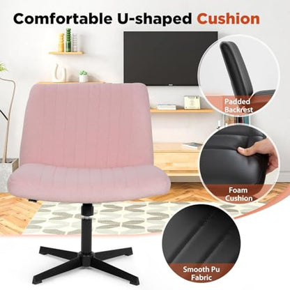 Criss Cross Chair, Armless Cross Legged Office Chair, Comfortable Vanity Chair with Back, Fabric Adjustable Wide Swivel Criss Cross Desk Chair for Home Office, Pink - color: Pink