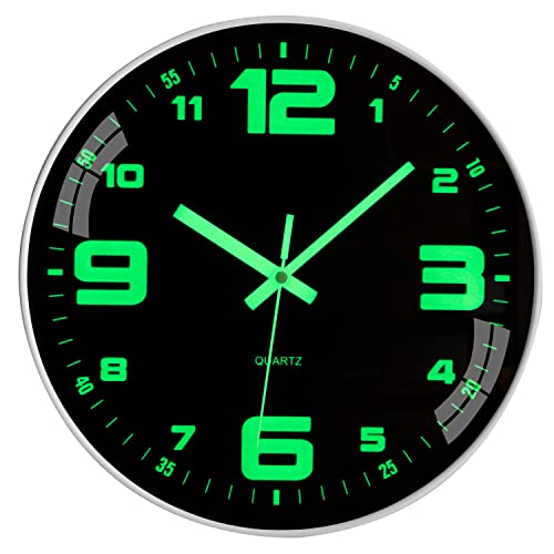 Wall Clock Glow in The Dark Battery Operated Silent 12 in | Analog Small Digital Night Light Up Neon Clocks for Living Room Bedroom Kitchen Bathroom Home Decor - color: White