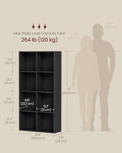 VASAGLE Bookcase Cube Shelf with 8 Compartments, 9.4 x 25.8 x 51 Inches | Bookshelf storage shelf, Ebony Black, CUSTOS Collection, ULBC424B01 - color: Ebony Black, size: 8 Cubes (9.4"D x 51"H), style: 1 Pack
