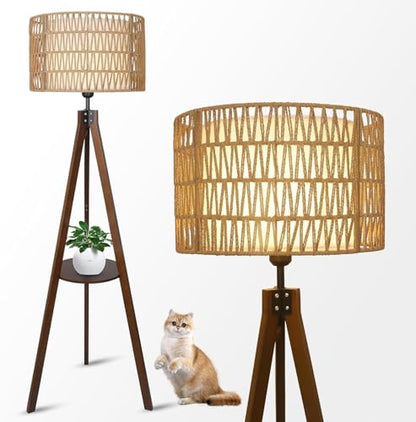 Tripod Floor Lamp with Shelves, Mid Century Wood Standing Lamp with Rattan & Fabric Shades, ON/Off Foot Switch, Modern Farmhouse Tall Floor Lamps for Living Room Bedroom Office