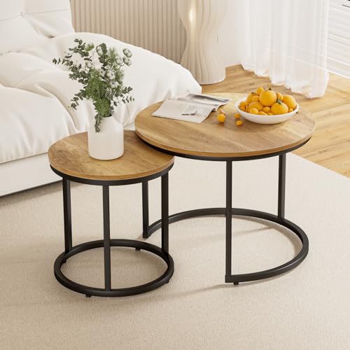 Smuxee Nesting Coffee Table Set of 2, 23.6" Round Coffee Table Brown Wood with Adjustable Non-Slip Feet, Industrial End Table Side Tables for Living Room Bedroom Balcony Yard - color: Brown, size: 23.6"W