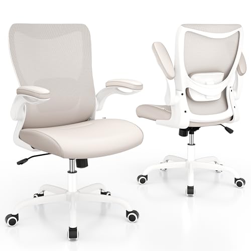 Office Chair, PU Leather Ergonomic Desk Chair with Adjustable Lumbar Support and Flip up Armrest, Breathable Mesh Computer Chair for Home Office, Khaki - color: Cream Khaki (Pu Leather Seat)