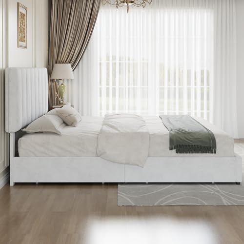 VECELO King Size Bed Frame with 4 Storage Drawers, Adjustable Height Headboard, Heavy-Duty Bedframe with Strong Wooden Slats, No Box Spring Needed, Pure White - color: Pure White, size: King, style: Bed Frame With Drawers