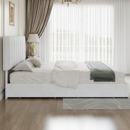 VECELO King Size Bed Frame with 4 Storage Drawers, Adjustable Height Headboard, Heavy-Duty Bedframe with Strong Wooden Slats, No Box Spring Needed, Pure White - color: Pure White, size: King, style: Bed Frame With Drawers
