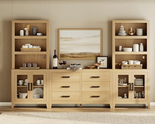 WAMPAT Farmhouse Entertainment Center with Bookshelves, TV Stand Set with Glass Doors & 6 Drawers, Wood Media Console for Living Room, Bedroom, Oak - color: Oak
