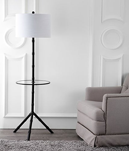 JONATHAN Y Hall 62" Metal LED End Table Floor Lamp, Oil Rubbed Bronze | 20.5" Round Surface, White Linen Drum Shade, Modern Tripod Base, Standing Light, Living Room, Bulb Included - color: Oil-Rubbed Bronze