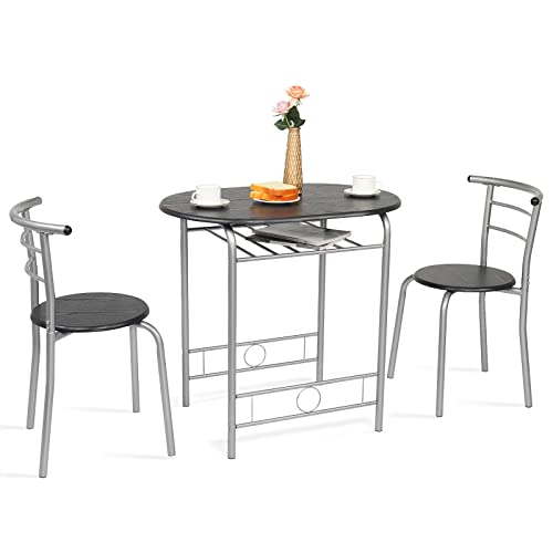 VINGLI 3 Piece Dining Set,Small Kitchen Table Set for 2,Breakfast Table Set,Kitchen Wooden Table and 2 Chairs for Small Space/Dining Room/Apartment,Metal Frame,Wine Rack,Sliver&Black - color: Sliver&black