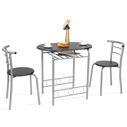 VINGLI 3 Piece Dining Set,Small Kitchen Table Set for 2,Breakfast Table Set,Kitchen Wooden Table and 2 Chairs for Small Space/Dining Room/Apartment,Metal Frame,Wine Rack,Sliver&Black - color: Sliver&black
