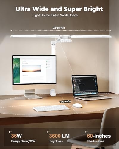 36W LED Desk Lamp with Clamp, Dual-Head Architect Lamp with Remote, White | Ultra Bright 448-LED 3600LM Office Lamp, 2700K-6500K, Stepless Dimming, 60-Inch Desk Light for Workbenches and Home Offices - color: White