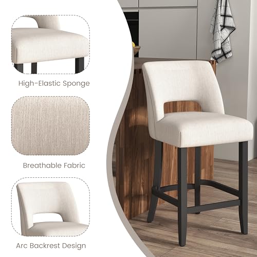VKNOW Bar Stools Set of 2, 26" Upholstered Counter Height Bar Stools | Modern Counter Stools with Black Rubberwood Legs for Kitchen Island Dining Room Bar, Beige-Black Legs - color: Beige-black Legs, size: Set of 2