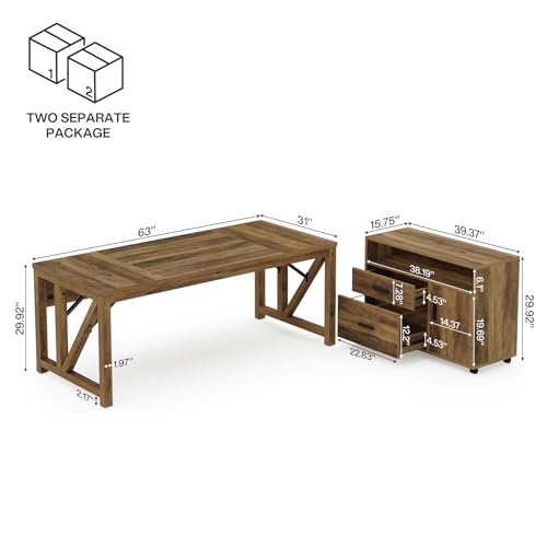 Tribesigns L Shaped Desk with Drawer Cabinet, 63" Executive Computer Desk and lateral File Cabinet, 2 Piece Home Office Furniture with Drawers for Hanging, Door (Rustic Brown, 63 inches) - color: Rustic Brown, size: 63 inches