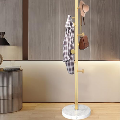 Coat Rack Stand,Golden Metal Coat Rack Freestanding with 8 Hooks | Modern Coat Rack with Natural Marble Base,Coat Hanger Stand, 3 Adjustable Coat Clothes Tree Stand for Office - color: Golden-8Hooks