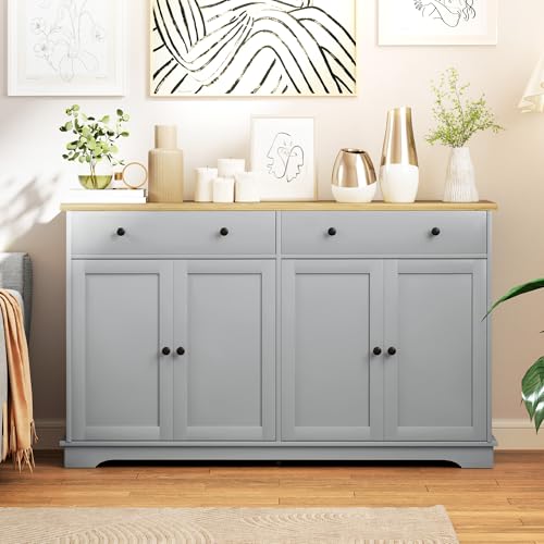 HOMCOM Sideboard Buffet Cabinet Solid Wood Countertop Gray | Modern Kitchen Storage, Coffee Bar Cabinet, 2 Drawers, Doors, Adjustable Shelf - color: Grey, size: 55.1" x 15.7" x 33.5"