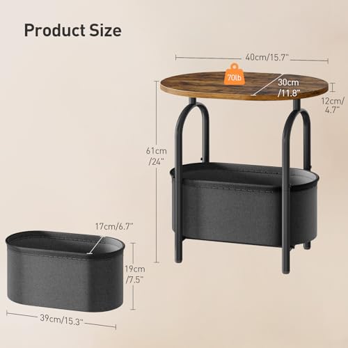 Small Round Side Table with Fabric Basket Storage, Oval End Table for Small Spaces, Modern Coffee Bedside Table, Couch Side Table for Living Room, 15.7" X 11.8" X 24", Rustic Brown 8601BZBF - color: Rustic Brown and Black