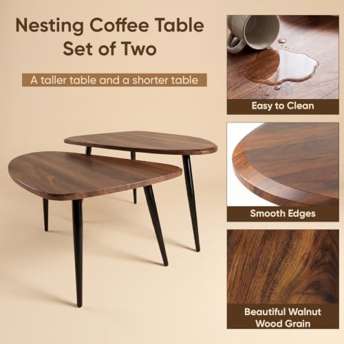 Nesting Coffee Table Set,Mid Century Modern Coffee Nesting Table | Solid Wood Triangle Oval Center Table for Small Living Room Apartment Balcony, Walnut