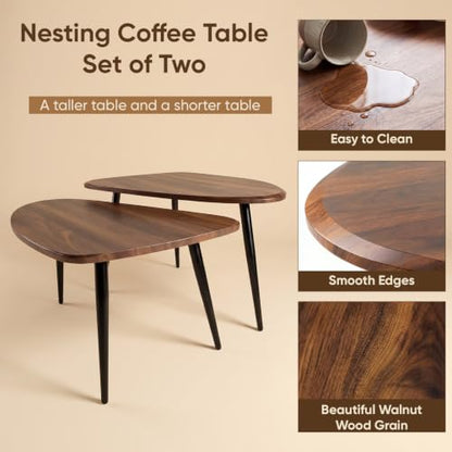 Nesting Coffee Table Set,Mid Century Modern Coffee Nesting Table | Solid Wood Triangle Oval Center Table for Small Living Room Apartment Balcony, Walnut