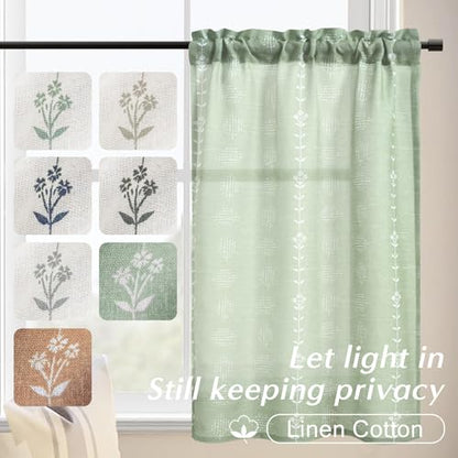 Lino Rosa Bathroom Curtains Window,Boho Sheer Linen Block Print Curtains for Shower Window,Sage Green - color: Sage, size: 24"W x 24"L (Pack of 2)