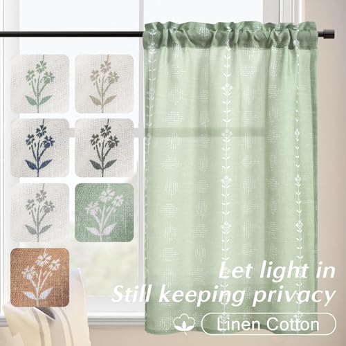 Lino Rosa Short Curtains for Windows Bathroom Bedroom,Green Boho Cute Aesthetic Farmhouse Sheer RV Window Curtains - color: Sage, size: 24"W x 36"L (Pack of 2)