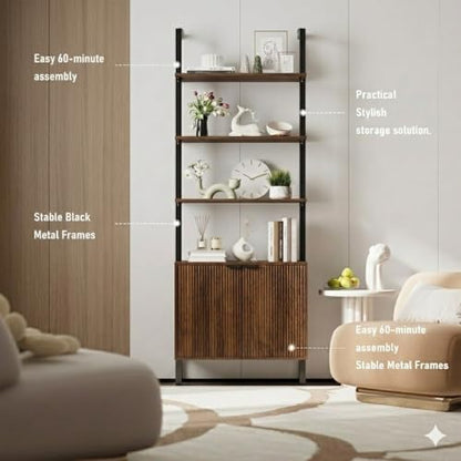 74" Tall Bookshelf with Storage Cabinet, Modern Ladder Shelf with Wood and Metal Frame, Wall Mount Bookcase Open Display Shelf Furniture for Living Room, Bedroom, Home Office, Walnut - color: Walnut