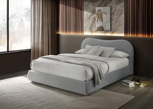 Light Gray Finish 1pc Queen Size Bed Low Profile Upholstered Bed Wooden Legs Curved Headboard Contemporary Bedroom Furniture