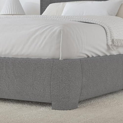 BarnFurin Full Bed Frame, Cloud Boucle Headboard, Low Profile, Light Grey | Soft boucle and rounded edges create a low-profile cloud look. Wooden slats support the mattress without a box spring - color: Light Grey, size: Full