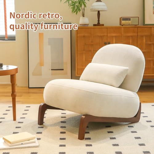 White Velvet Slippers Chair with Solid Wooden Legs, Low Profile Design | Cute Armless Accent Chair with Soft Cushion, Comfy Upholstered Side Chairs for Living Room, Bedroom, Balcony or Reading Room - color: White
