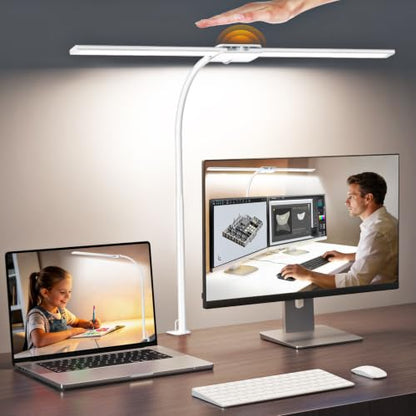 Syrinx LED Desk Lamp, Dual Head Desk Light with Clamp, Eye-Care Table Lamp | Flexible Gooseneck Task Light with Motion Sensor, Wired Control, 50 Lighting Modes, Timer & Memory Function for Home Office - color: White