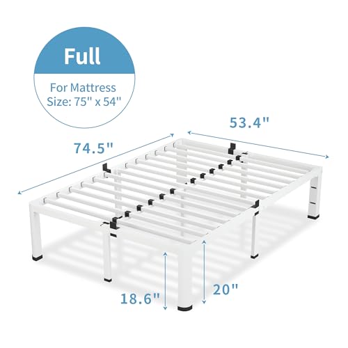 20 Inch White Full Bed Frame with Round Corners No Box Spring Needed | 3500lbs Heavy Duty, Under bed storage, 4 mattress stoppers, Headboard holes, Noise-free, Easy assembly & rubber covers - size: Full, style: 20 Inch White