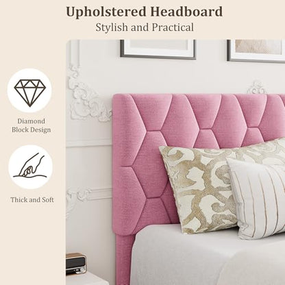 GAOMON Pink Full Bed Frame with Upholstered Headboard, Heavy-Duty Platform Bed Frame with Strong Wood Slats, No Box Spring Needed/Noise Free/Easy Assembly | Heavy-Duty Bed Frame with Wooden Slats Support Upholstered Mattress Foundation No Box Spring Neede