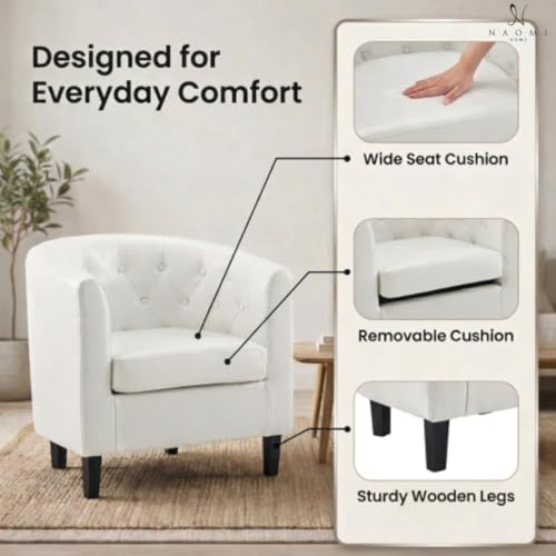 Naomi Home Emma Faux Leather Barrel Accent Chair – Modern Tufted Faux Leather Armchair with Wooden Legs, Wide Seat, Enhanced Back Support for Living Room Décor | Solid wood frame, sturdy legs and easy-clean faux leather create lasting comfort for living r