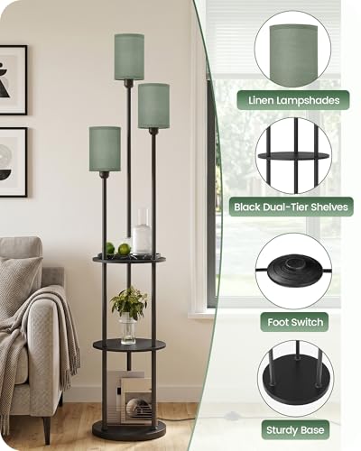 Floor Lamp with Shelves, Modern Floor Lamp with 3 Linen Shades and Foot Switch, 3-Light Standing Lamp, for Living Room, Bedroom, Study, Office, Black and Green J53LD05 - color: Black + Green