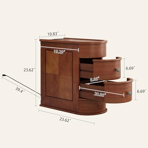 Narrow Solid Wood End Table with Charging Station, Brown | Vintage Slim Sofa Side Table & Nightstand, 2 Drawers, Compact Wood Storage, Fully Assembled - size: 2 Drawers
