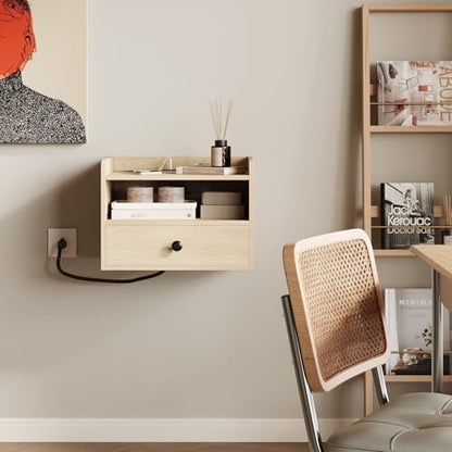 Floating Nightstand Set of 2 Modern Night Stands with Drawer and Open Shelf | Cubby Small Bedside End Table with Charging Station Wall Mounted Nightstands Set 2 for Bedroom Natural - color: Natural