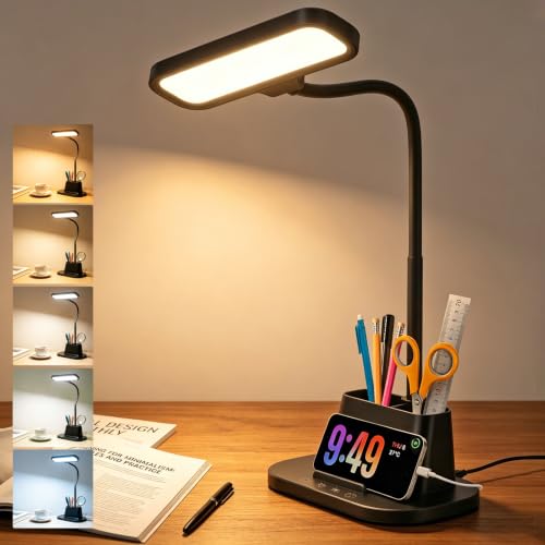 BOHON Desk Lamp for Home Office Reading Light with USB Charging Port Black | Small Desk Lamps with Pen Holder, 5 Color Modes 5 Brightness, Touch Gooseneck LED Table Lamp for Dorm Room Essentials Study - color: Matte Black