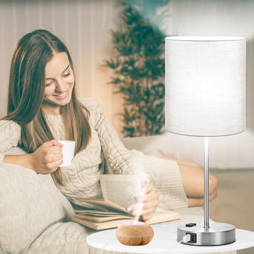 Set of 2 Grey Touch Control Table Lamps with 2 USB Ports & AC Outlet, 3-Way Dimmable Bedside Nightstand Lamps, Desk Lamp for Bedroom Living Room Nursery, 800 Lumens 5000K Daylight Bulbs Included - color: (2 Pack)Gray & Brushed Nickel(Base)-5000K Bulbs Inc