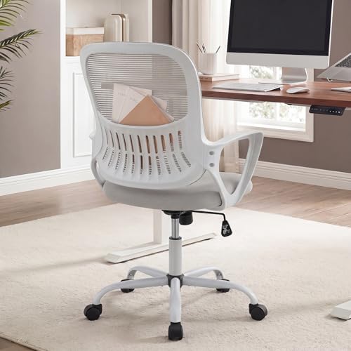 Home Office Desk Chair, Lumbar Support, Mesh Back Computer Chair | Height Adjustable, Mesh Mid-Back, Ergonomic Task Gaming Chair with 360° Swivel Wheels, Lumbar Support, Grey - color: Grey, size: 18.5D'' Flixed Arms