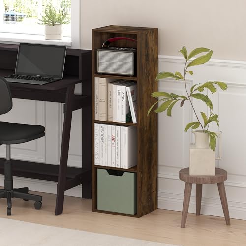 Furinno PASIR Book Shelf, 4-Tier Bookcase, Modern Standing Bookshelf, Open Storage Shelf, 9 x 12 x 42 Inches, for Home Office, Living Room, Amber Oak - color: Amber Oak, size: 4-Tier, 9 x 12 x 42
