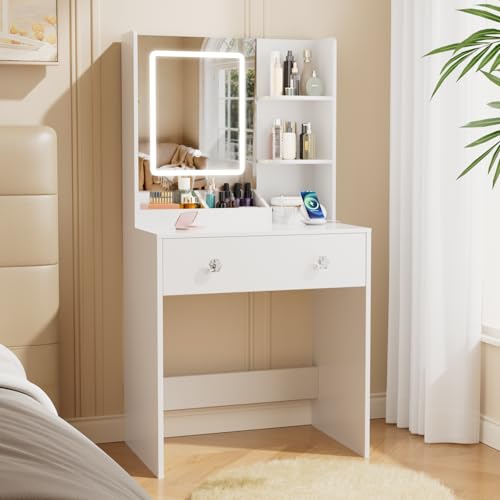 Korfile 24" White Small Vanity Desk with Lighted Mirror & Power Outlet | Smart LED Mirror with 3 Color Modes,5 Storage Shelves & 2 Drawers,Power Outlet,Fits small spaces - color: White