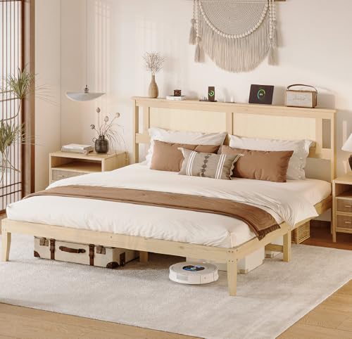 VINGLI Rattan King Bed Frame with Rattan Headboard,Boho Platform Bed with Charging Station and Underbed Storage for Bedroom,Solid Wooden Slats Surpport, Noise Free,Natural - size: King