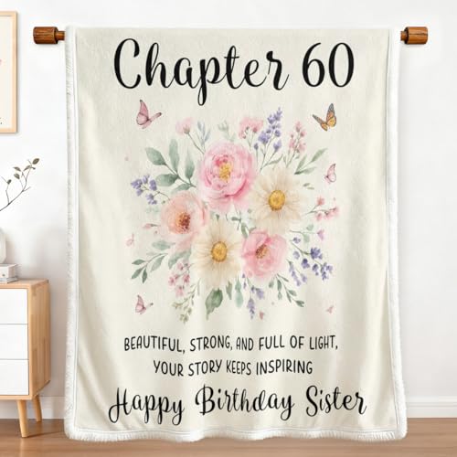 Chapter 60 Floral Sherpa Blanket for Sister, Happy 60th Birthday Gift for Women, Botanical Soft Fuzzy Blanket for Couch Bed, Elegant Keepsake Gift for Sister Mom, Warm Cozy 50x60 Inches - color: Fl0414614-mt-floral, size: Throw(50"x60")
