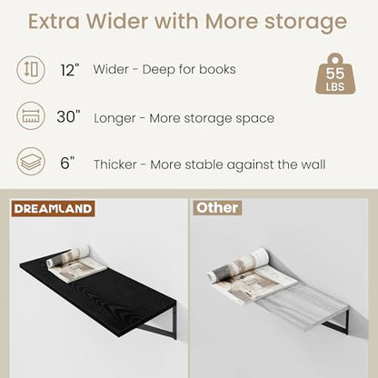 Dreamland Wall Mounted Floating Shelves Set of 2, 30x12, Black | Engineered Wood, Visible Bracket, Large Storage, Hold Up to 55lbs, Living Room, Bathroom, Bedroom, Kitchen - color: Black, size: 30"W x 12"D