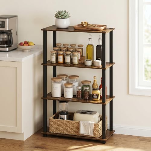 Furinno TURN-S-TUBE Storage Shelves, 4-Tier Book Shelf, Corner Shelf, Toolless Open Shelves, for Organization and Storage, Living Room, Garage, Home Office, Amber Pine - color: Amber Pine/Black, size: 4-Tier Square Tube